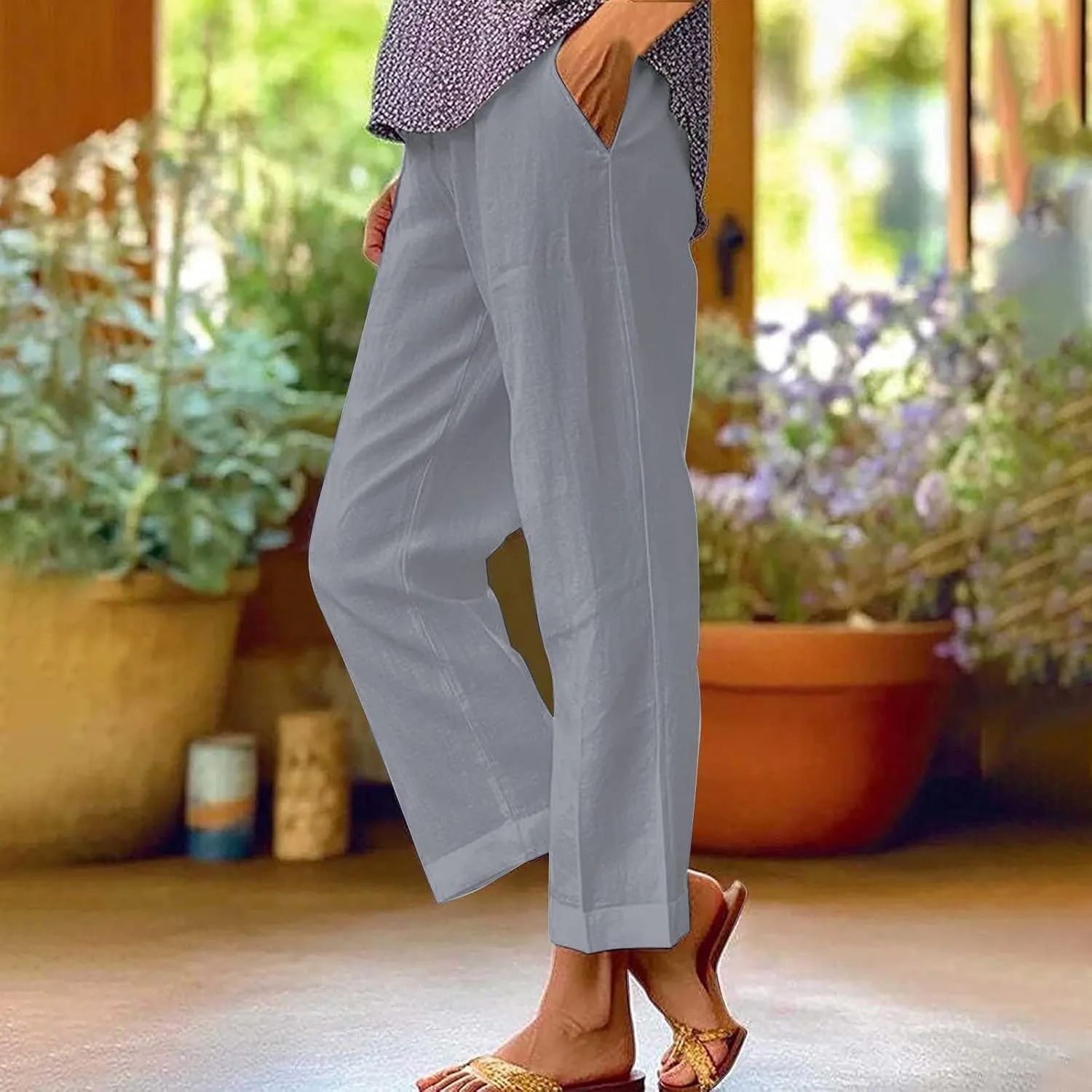 GIERIDUC Womens Casual Cotton Linen Pants Lightweight Summer Relaxed Fit Elastic Waist Wide Leg Solid Lounge Long Trousers