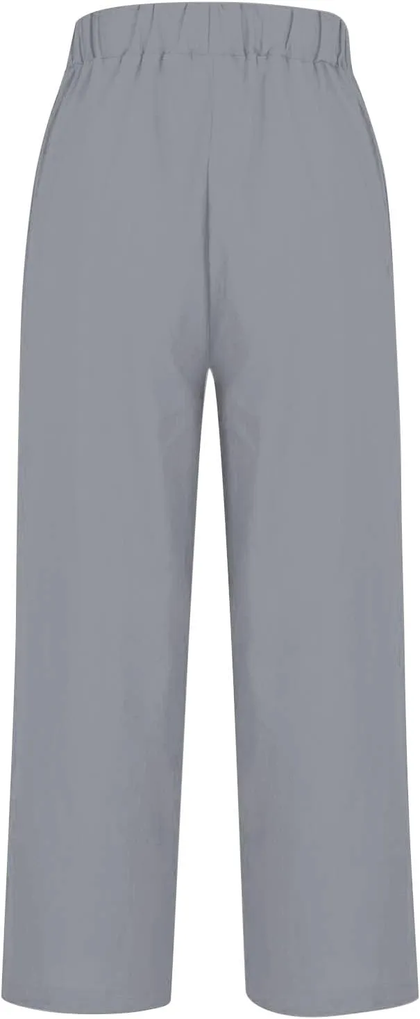 GIERIDUC Womens Casual Cotton Linen Pants Lightweight Summer Relaxed Fit Elastic Waist Wide Leg Solid Lounge Long Trousers