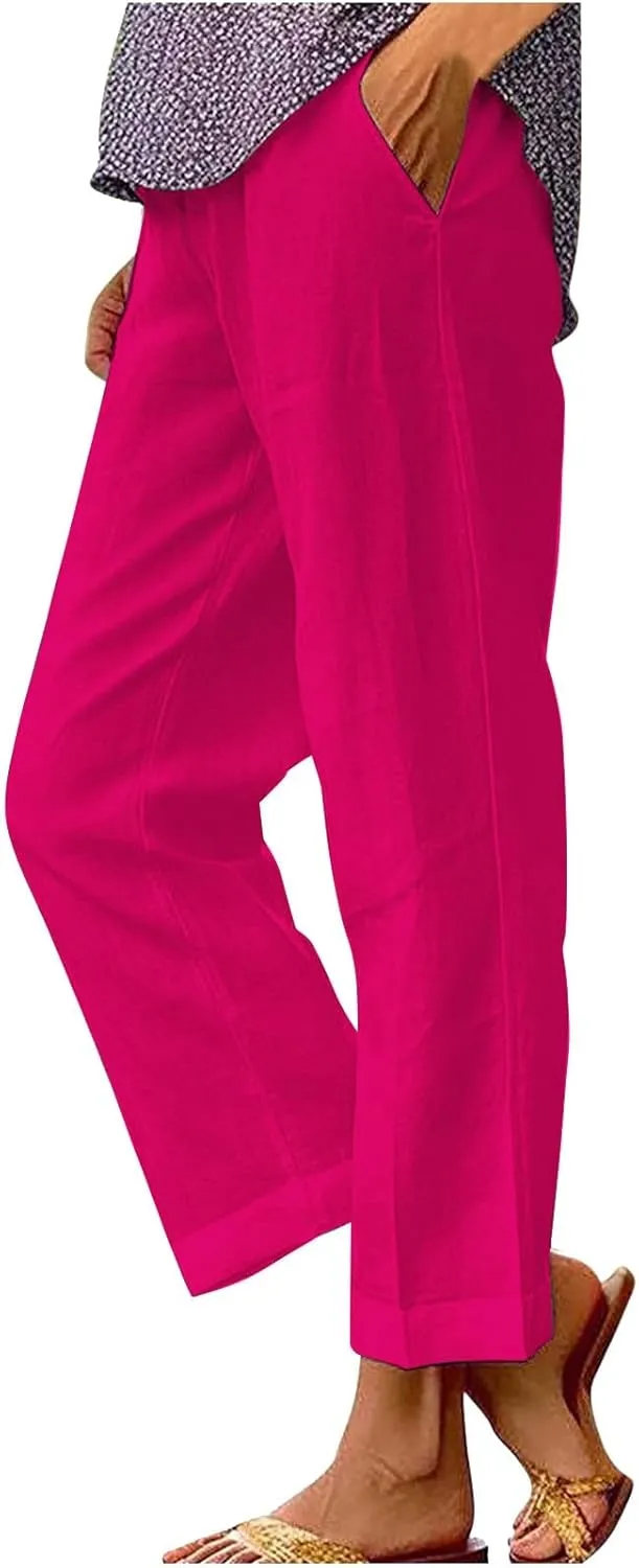 GIERIDUC Womens Casual Cotton Linen Pants Lightweight Summer Relaxed Fit Elastic Waist Wide Leg Solid Lounge Long Trousers