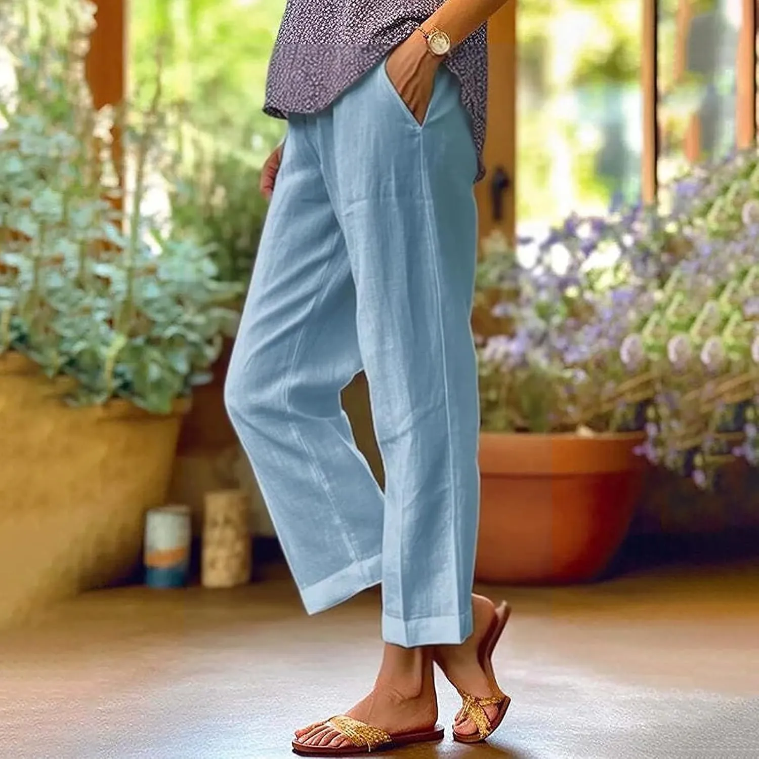 GIERIDUC Womens Linen Pants with Pockets Elastic High Waist Straight Leg Pants Solid Color Lightweight Summer Beach Trousers