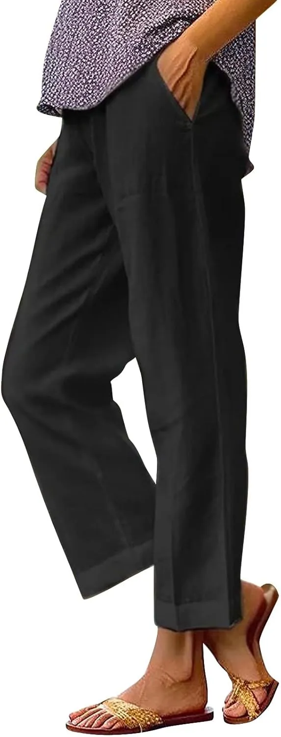 GIERIDUC Womens Linen Pants with Pockets Elastic High Waist Straight Leg Pants Solid Color Lightweight Summer Beach Trousers