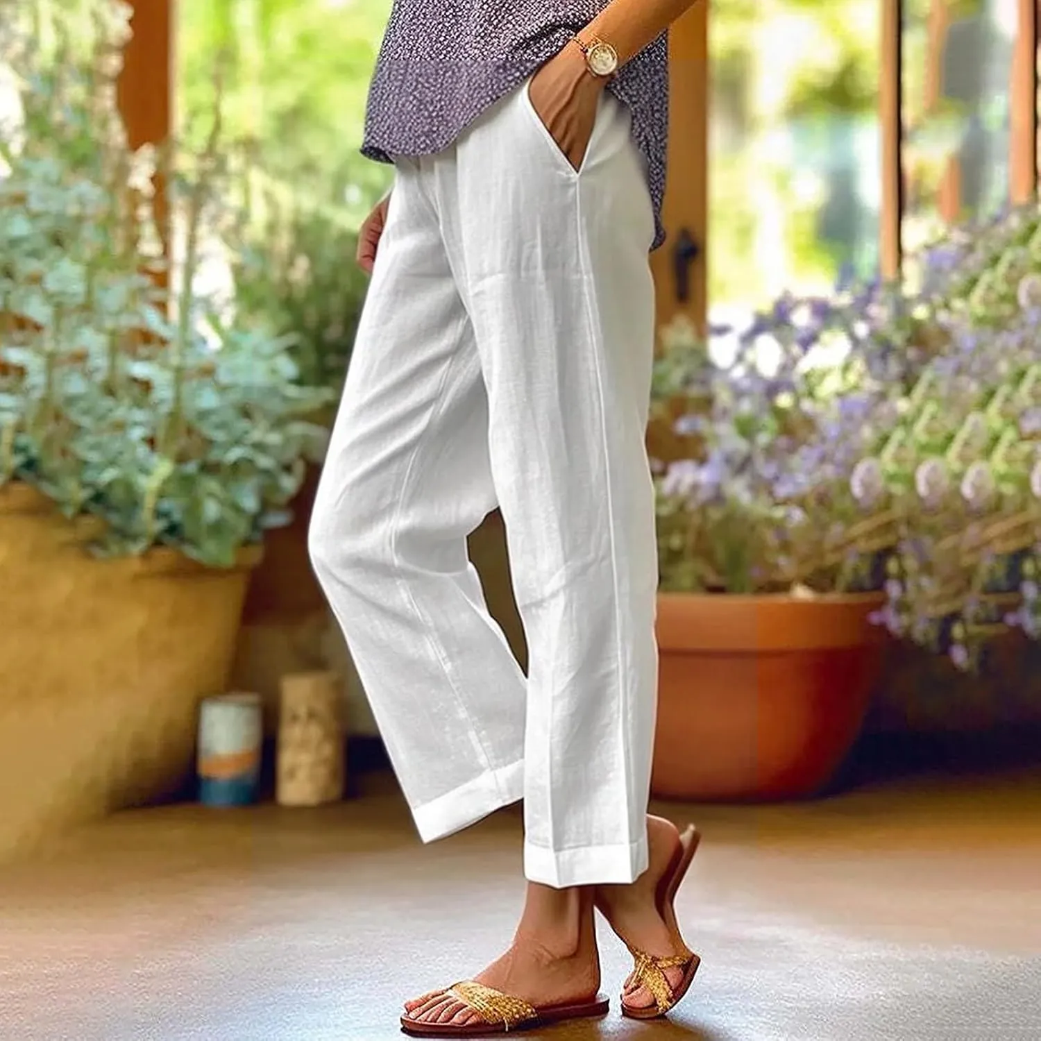 GIERIDUC Womens Linen Pants with Pockets Elastic High Waist Straight Leg Pants Solid Color Lightweight Summer Beach Trousers