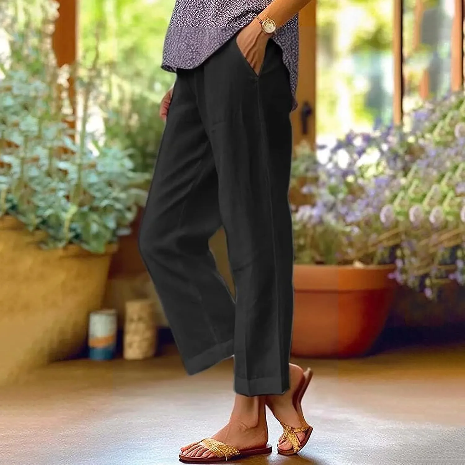 GIERIDUC Womens Linen Pants with Pockets Elastic High Waist Straight Leg Pants Solid Color Lightweight Summer Beach Trousers