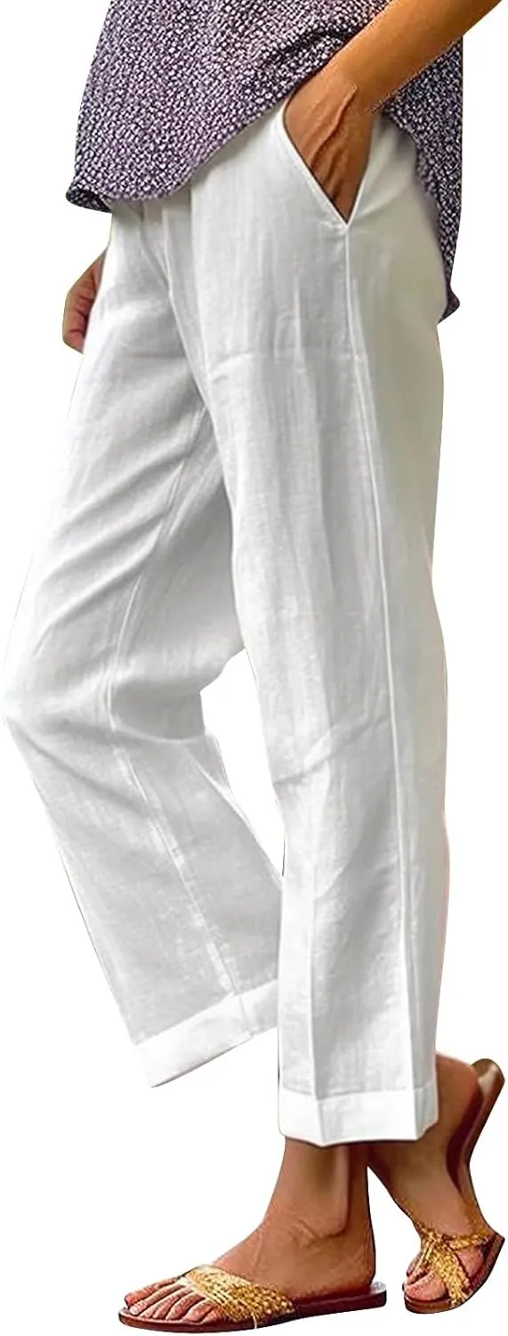 GIERIDUC Womens Linen Pants with Pockets Elastic High Waist Straight Leg Pants Solid Color Lightweight Summer Beach Trousers
