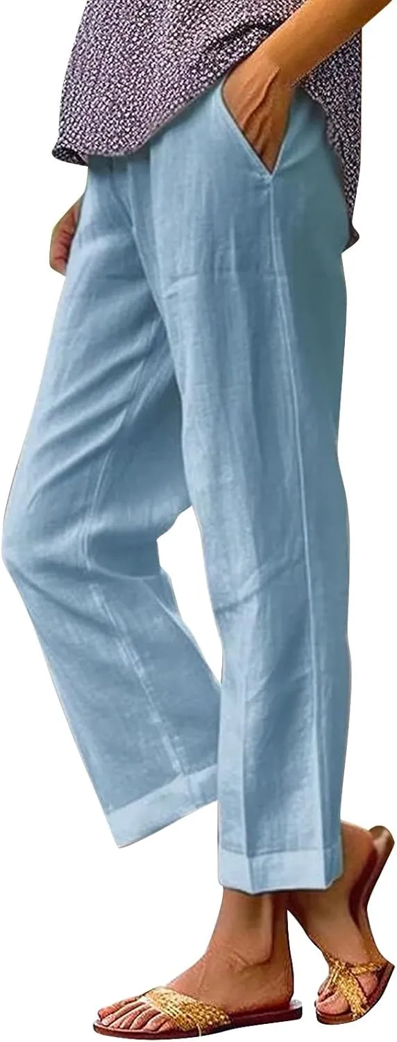 GIERIDUC Womens Linen Pants with Pockets Elastic High Waist Straight Leg Pants Solid Color Lightweight Summer Beach Trousers