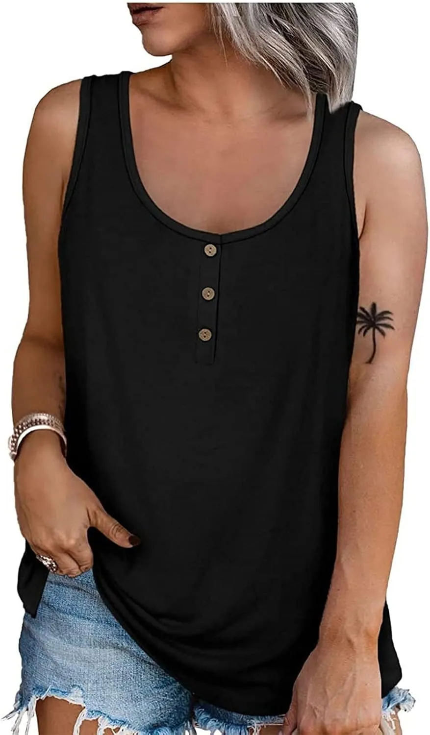 GOFULY Tank Top for Women Loose Fit Solid Plain Summer Oversized T Shirts Plus Size Tank Henley Button Down Sleeveless Top
