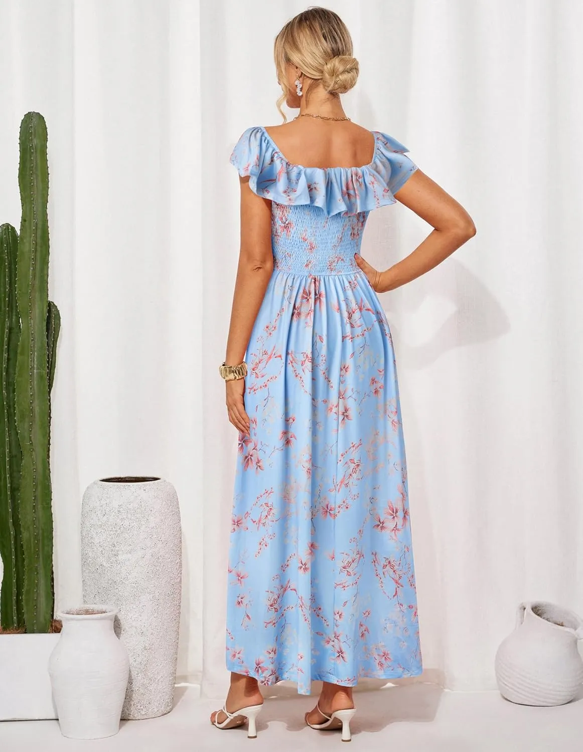 GRACE KARIN 2025 Womens Maxi Dresses Summer Off Shoulder Floral Dress Ruffle Split Beach Flowy Boho Wedding Guest Dress