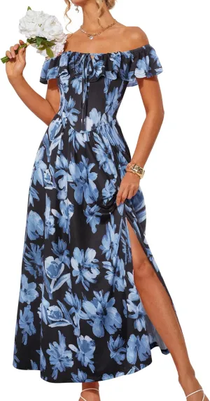 GRACE KARIN 2025 Womens Maxi Dresses Summer Off Shoulder Floral Dress Ruffle Split Beach Flowy Boho Wedding Guest Dress