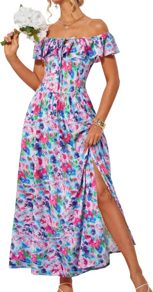 GRACE KARIN 2025 Womens Maxi Dresses Summer Off Shoulder Floral Dress Ruffle Split Beach Flowy Boho Wedding Guest Dress