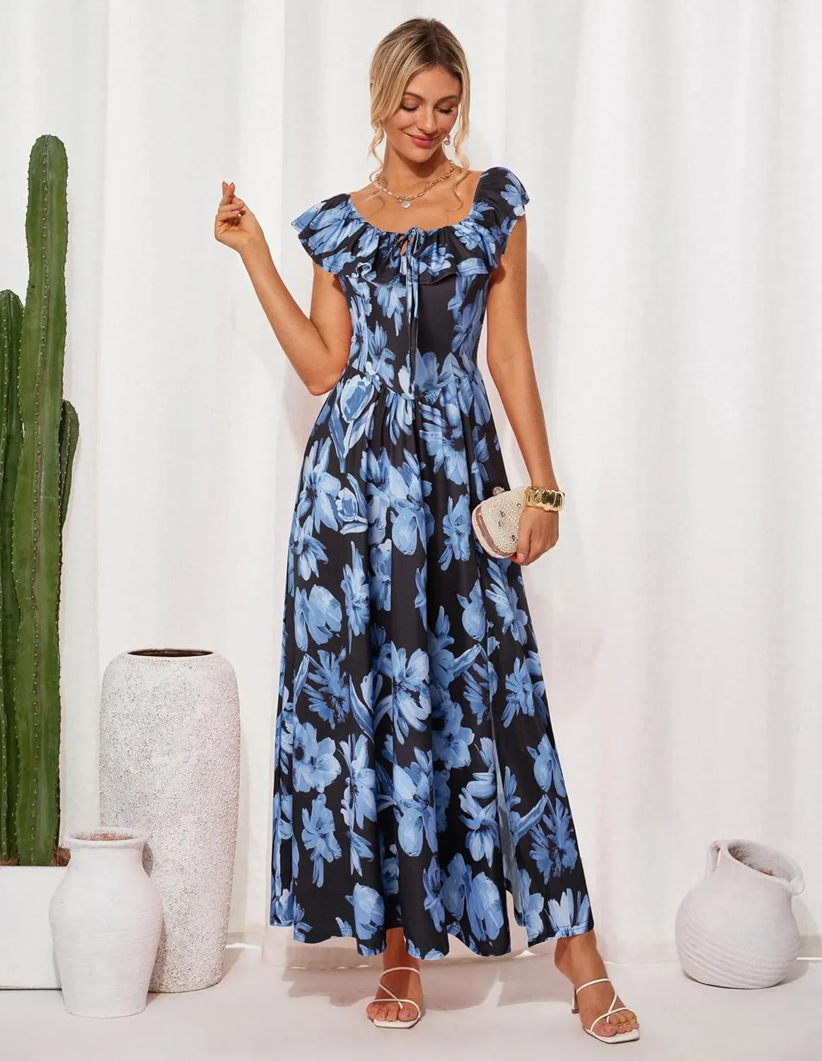 GRACE KARIN 2025 Womens Maxi Dresses Summer Off Shoulder Floral Dress Ruffle Split Beach Flowy Boho Wedding Guest Dress
