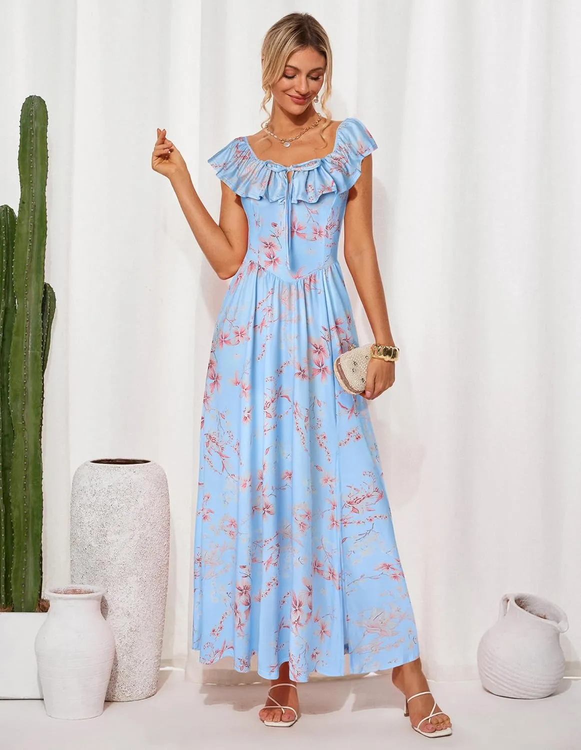GRACE KARIN 2025 Womens Maxi Dresses Summer Off Shoulder Floral Dress Ruffle Split Beach Flowy Boho Wedding Guest Dress