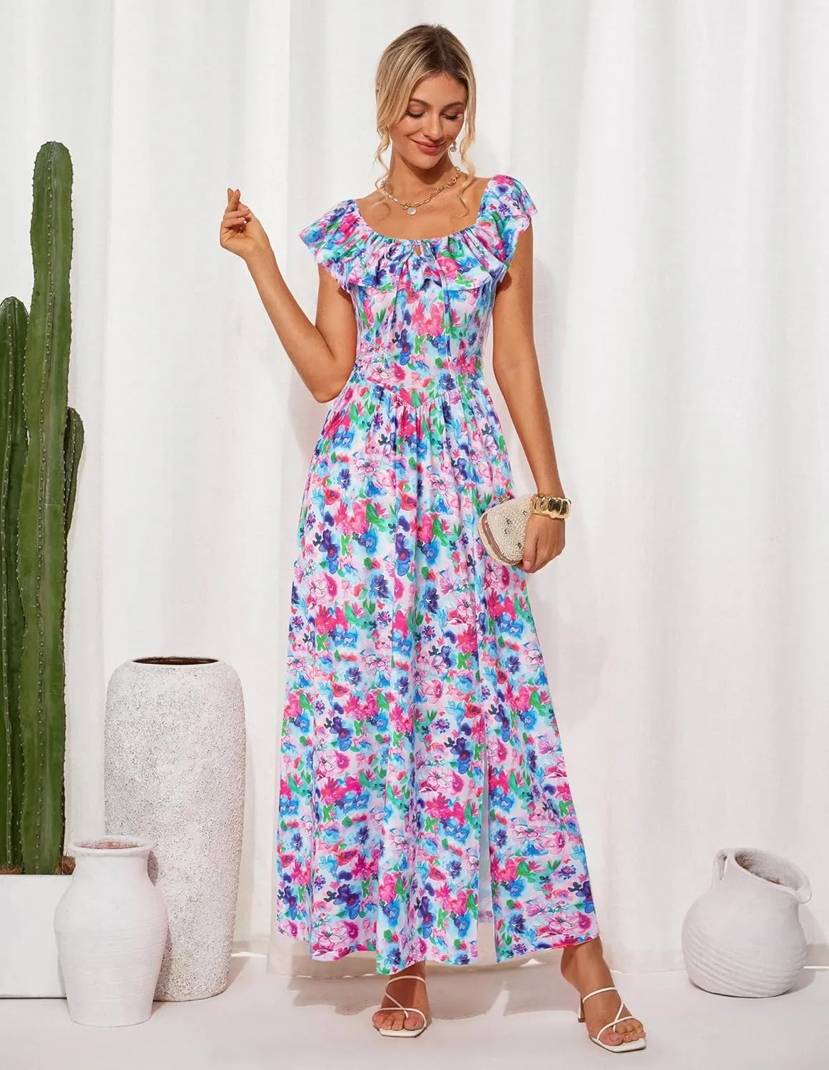 GRACE KARIN 2025 Womens Maxi Dresses Summer Off Shoulder Floral Dress Ruffle Split Beach Flowy Boho Wedding Guest Dress