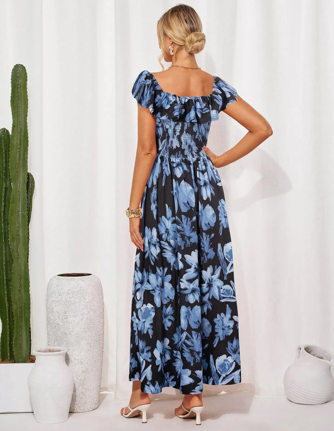 GRACE KARIN 2025 Womens Maxi Dresses Summer Off Shoulder Floral Dress Ruffle Split Beach Flowy Boho Wedding Guest Dress