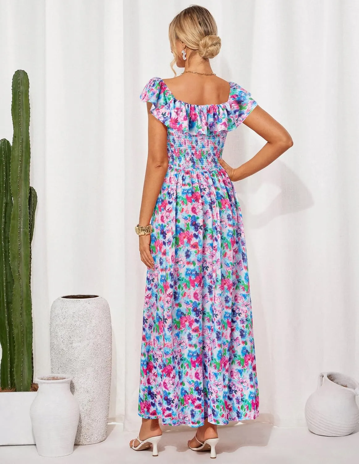 GRACE KARIN 2025 Womens Maxi Dresses Summer Off Shoulder Floral Dress Ruffle Split Beach Flowy Boho Wedding Guest Dress