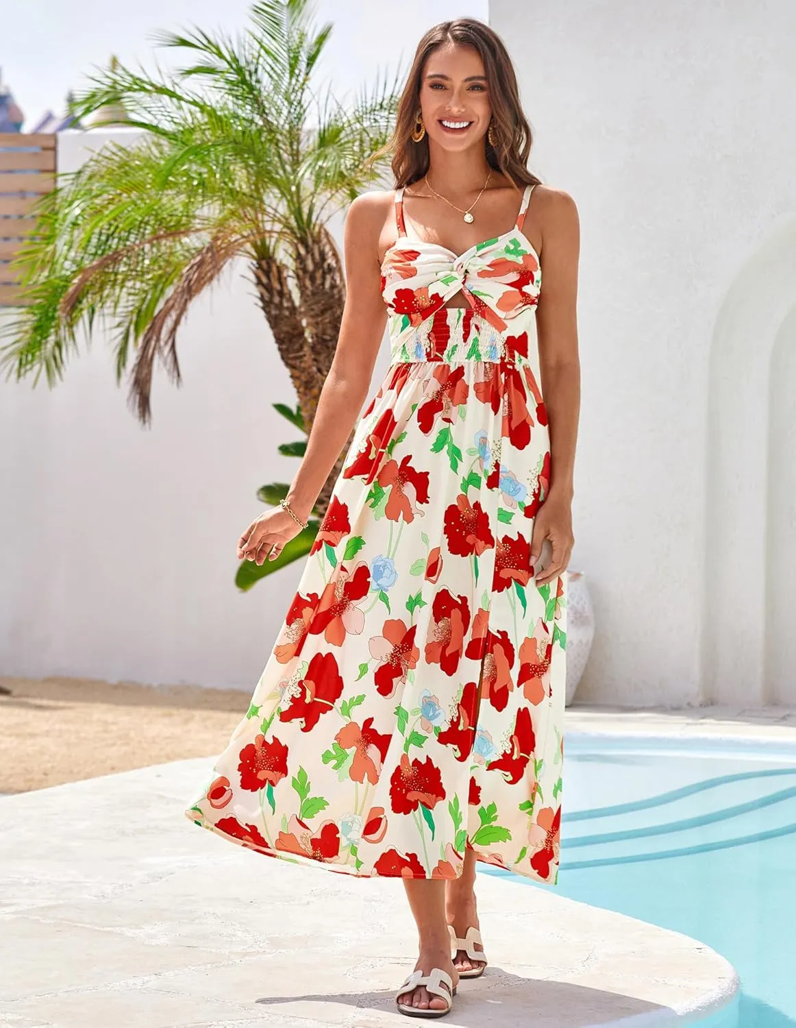 GRACE KARIN 2025 Women's Summer Spaghetti Strap Maxi Dress Smocked Floral Dress Sleeveless Boho Beach Sundress with Pockets