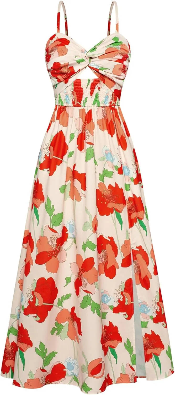 GRACE KARIN 2025 Women's Summer Spaghetti Strap Maxi Dress Smocked Floral Dress Sleeveless Boho Beach Sundress with Pockets