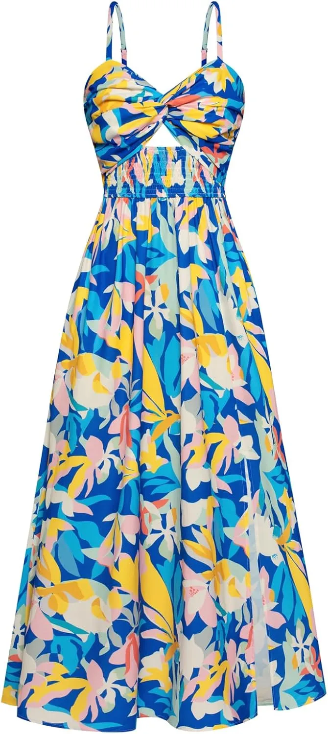 GRACE KARIN 2025 Women's Summer Spaghetti Strap Maxi Dress Smocked Floral Dress Sleeveless Boho Beach Sundress with Pockets