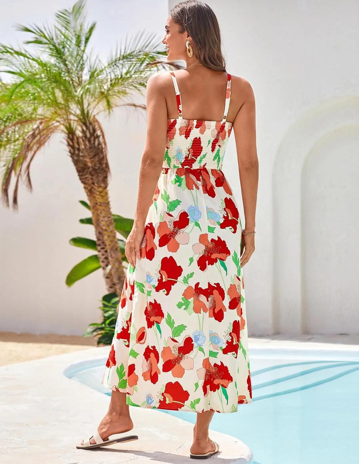 GRACE KARIN 2025 Women's Summer Spaghetti Strap Maxi Dress Smocked Floral Dress Sleeveless Boho Beach Sundress with Pockets
