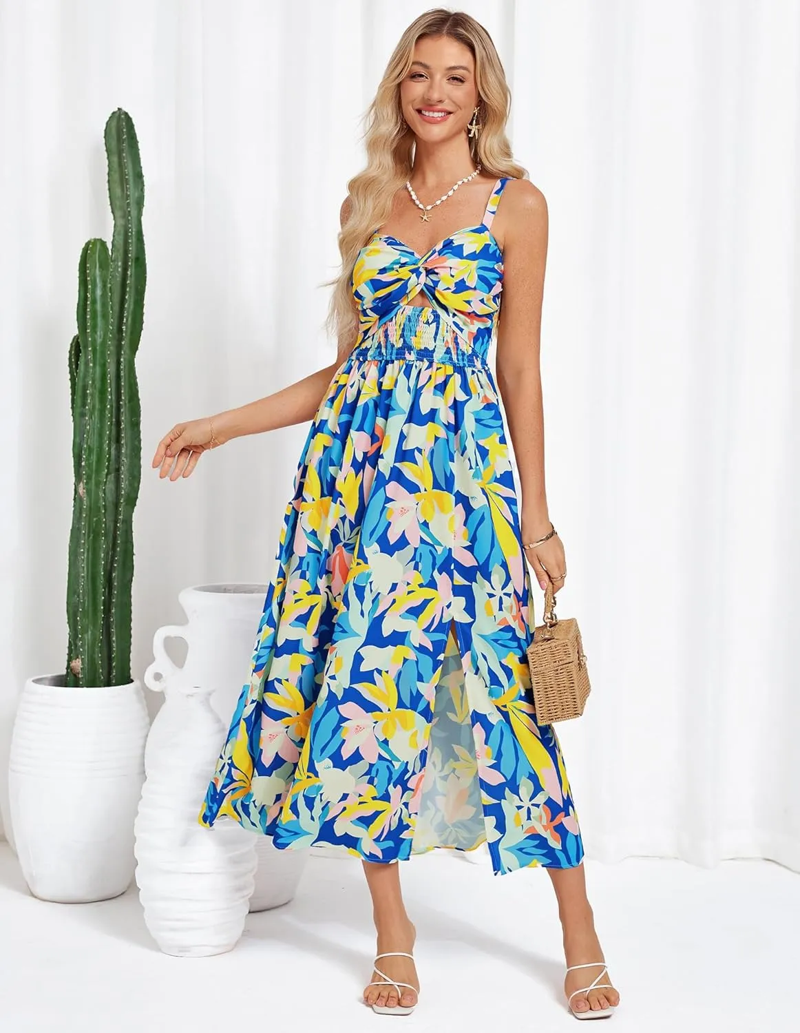 GRACE KARIN 2025 Women's Summer Spaghetti Strap Maxi Dress Smocked Floral Dress Sleeveless Boho Beach Sundress with Pockets