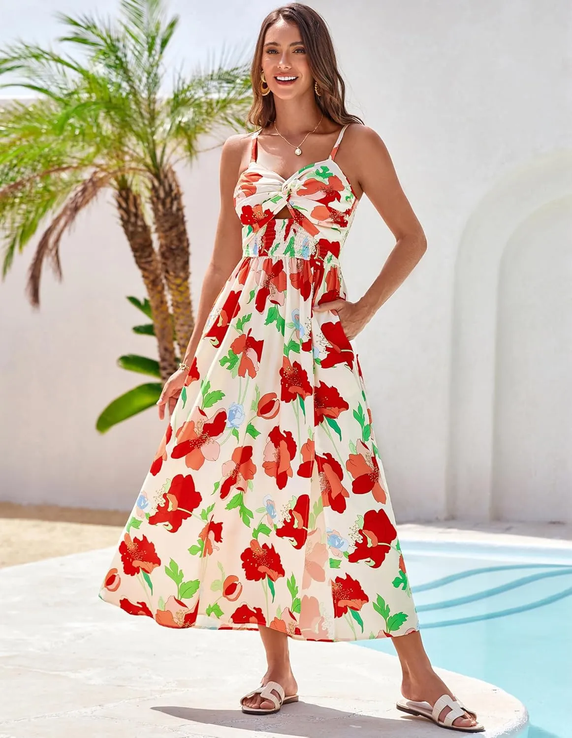 GRACE KARIN 2025 Women's Summer Spaghetti Strap Maxi Dress Smocked Floral Dress Sleeveless Boho Beach Sundress with Pockets