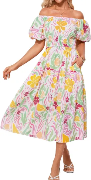 GRACE KARIN Womens 2025 Summer Dress Off Shoulder Floral Dress Puff Sleeve Smocked Boho Beach Midi Dress with Pockets