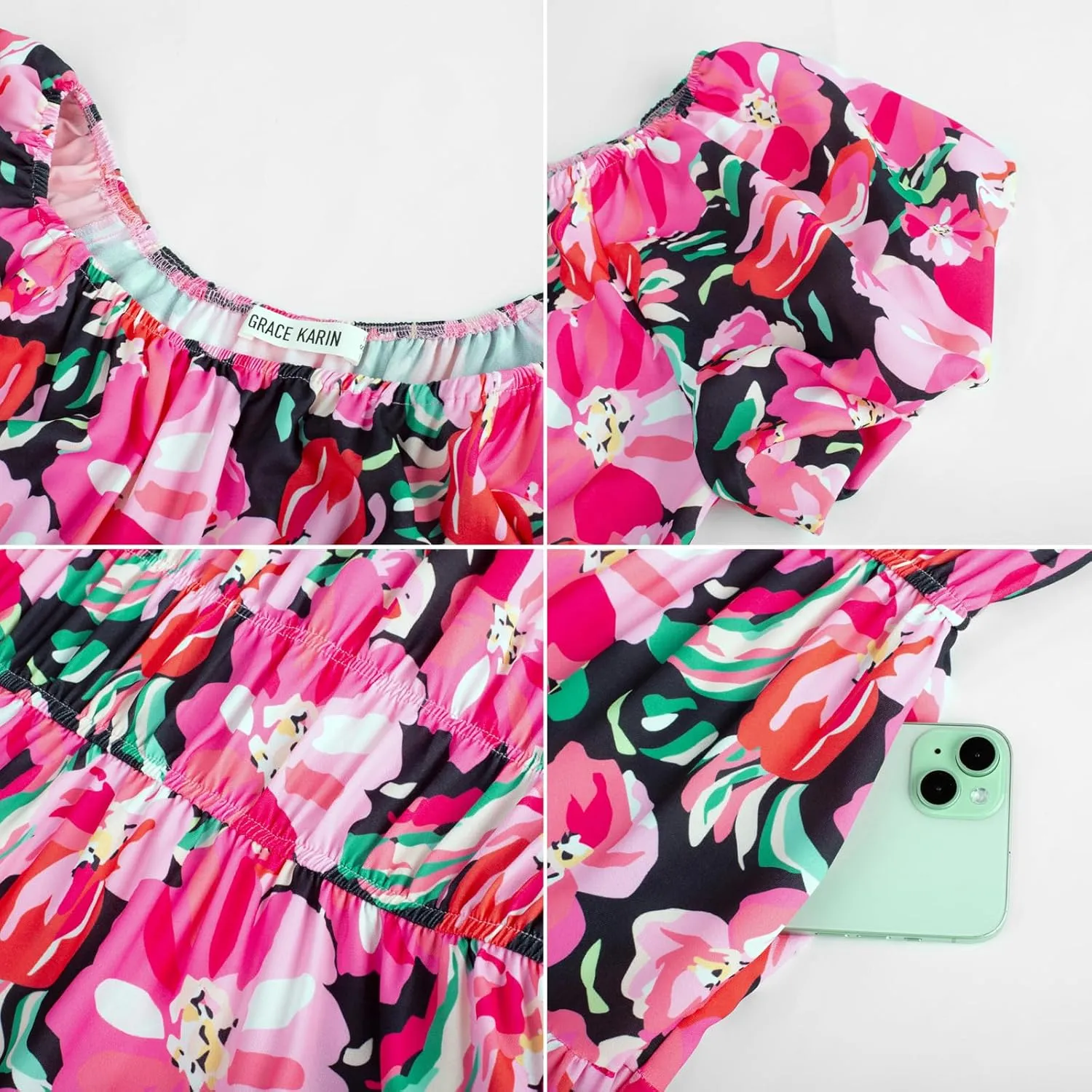 GRACE KARIN Womens 2025 Summer Dress Off Shoulder Floral Dress Puff Sleeve Smocked Boho Beach Midi Dress with Pockets
