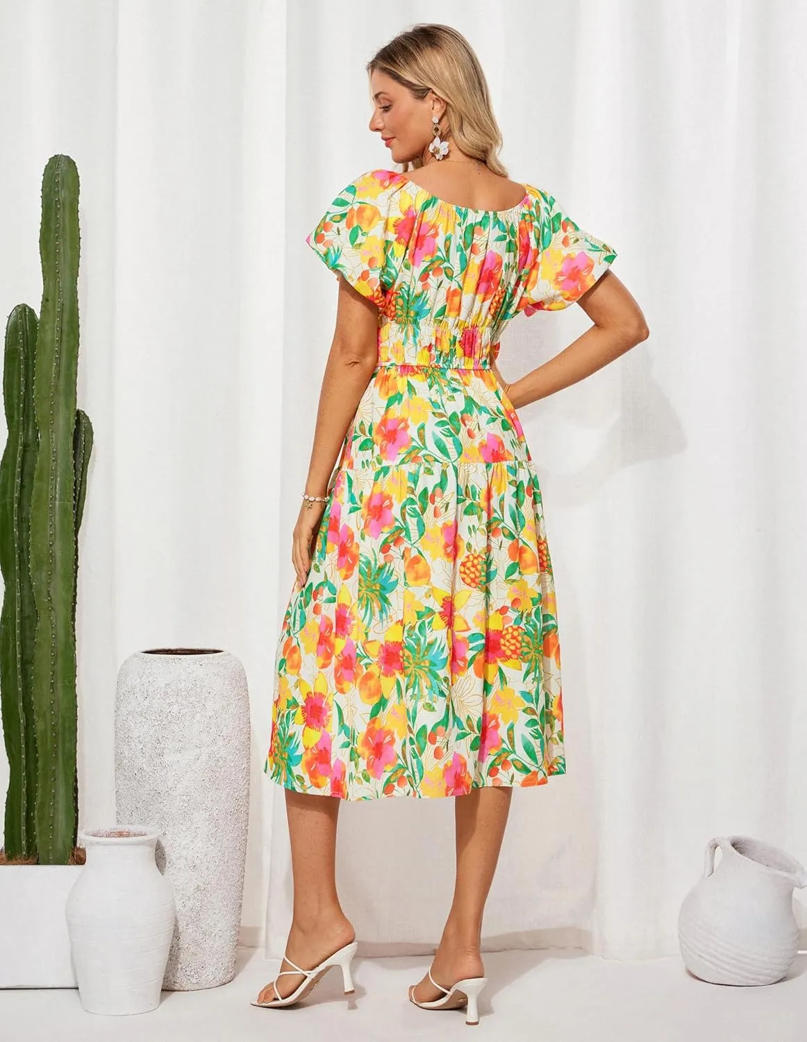 GRACE KARIN Womens 2025 Summer Dress Off Shoulder Floral Dress Puff Sleeve Smocked Boho Beach Midi Dress with Pockets
