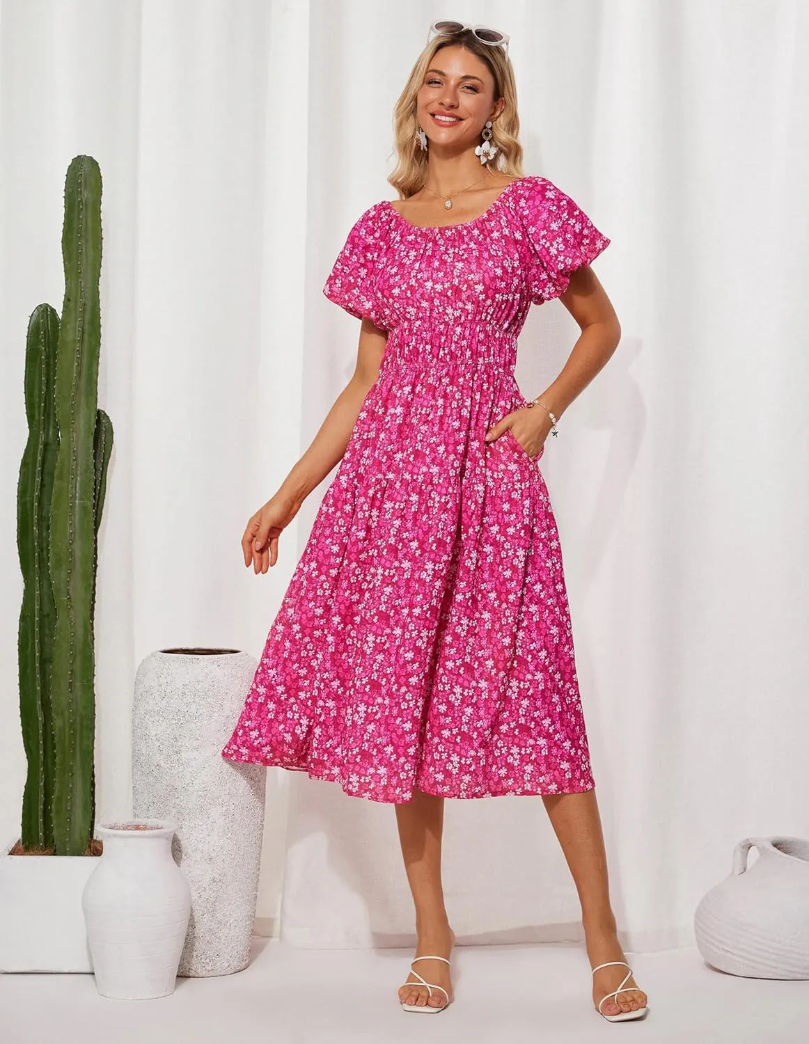 GRACE KARIN Womens 2025 Summer Dress Off Shoulder Floral Dress Puff Sleeve Smocked Boho Beach Midi Dress with Pockets