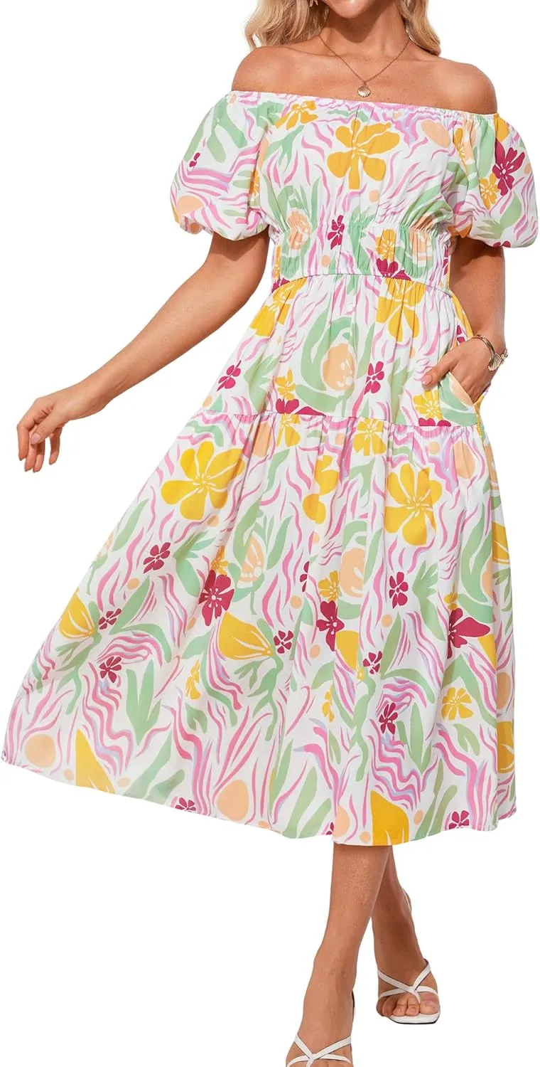 GRACE KARIN Womens 2025 Summer Dress Off Shoulder Floral Dress Puff Sleeve Smocked Boho Beach Midi Dress with Pockets