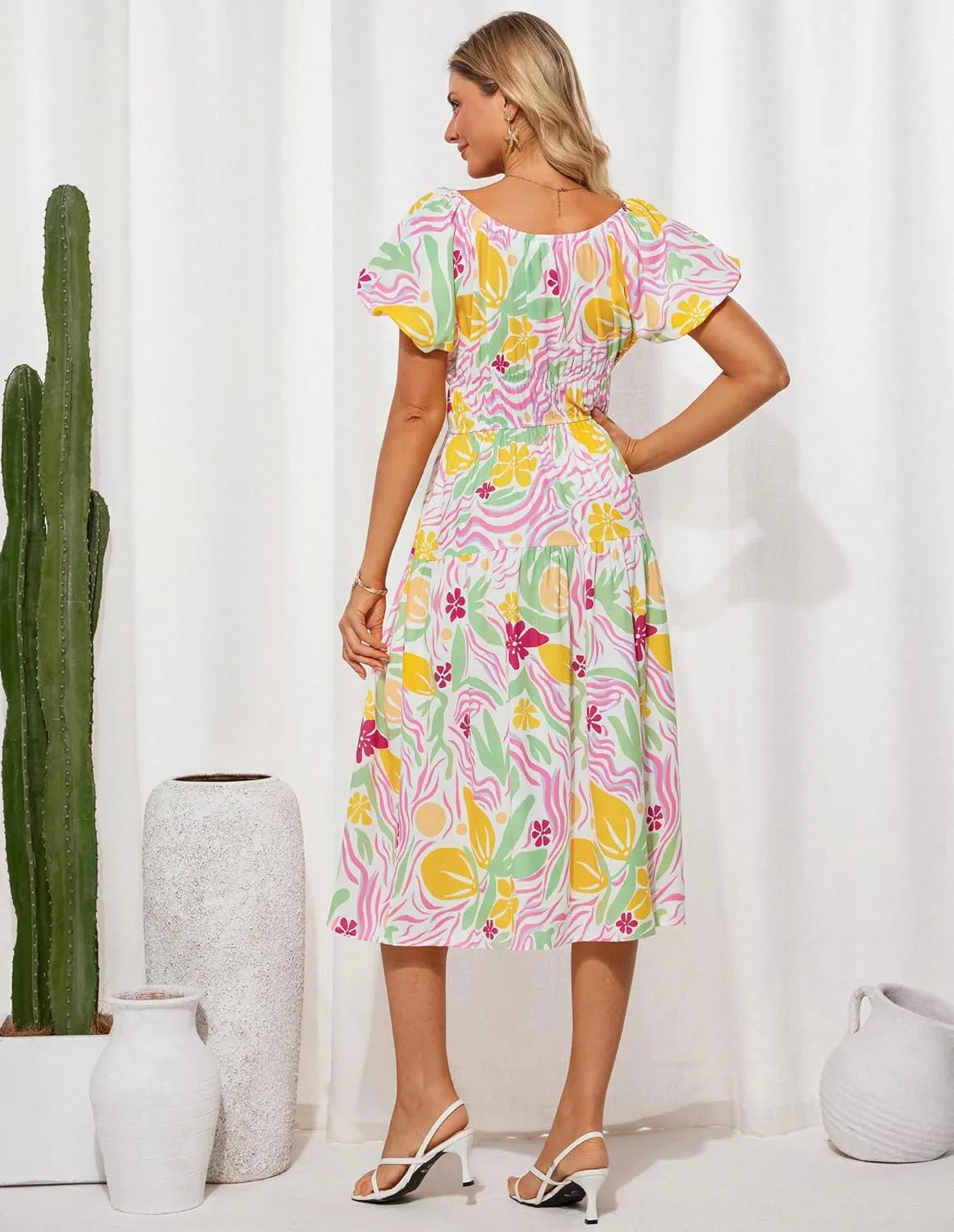 GRACE KARIN Womens 2025 Summer Dress Off Shoulder Floral Dress Puff Sleeve Smocked Boho Beach Midi Dress with Pockets