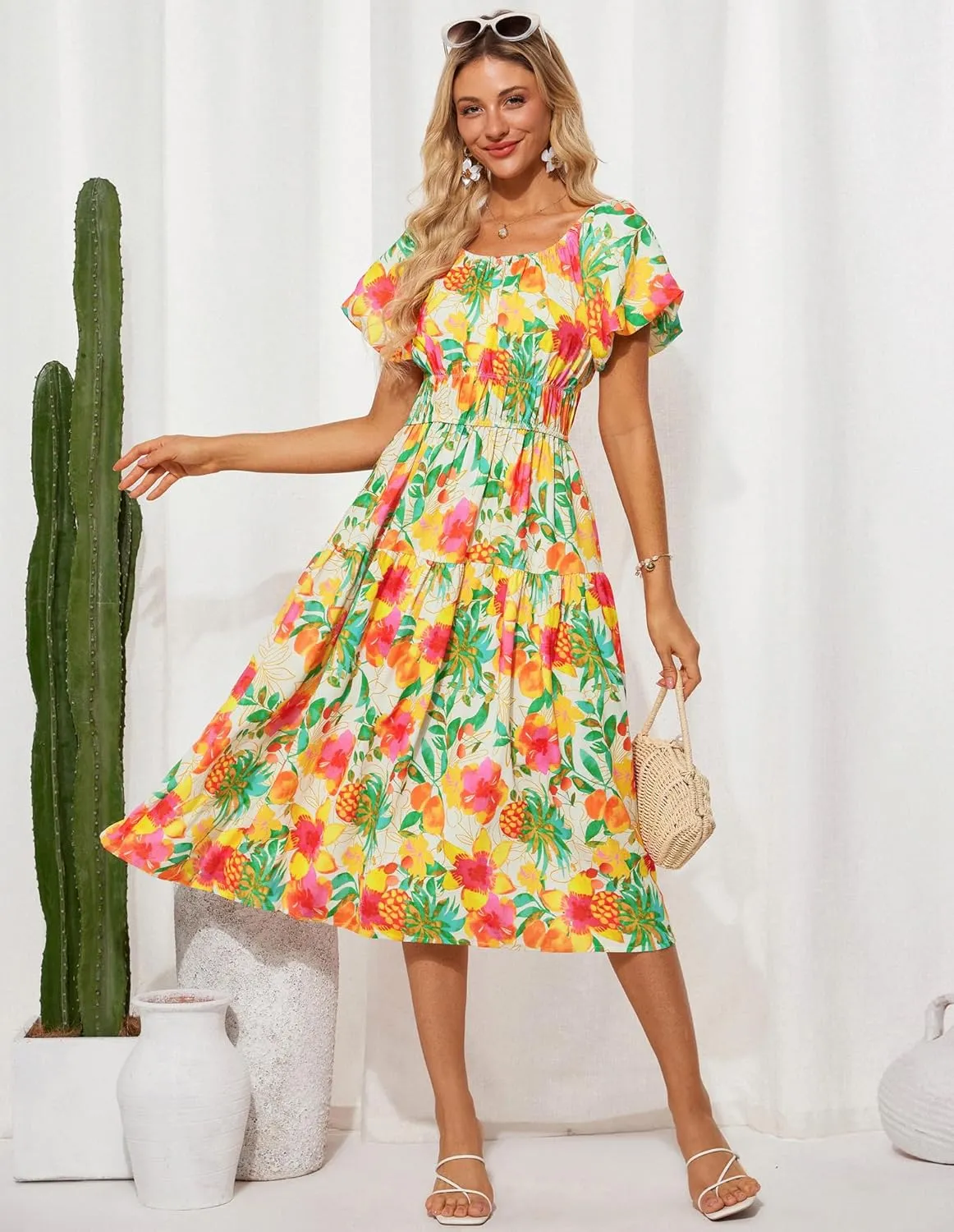 GRACE KARIN Womens 2025 Summer Dress Off Shoulder Floral Dress Puff Sleeve Smocked Boho Beach Midi Dress with Pockets