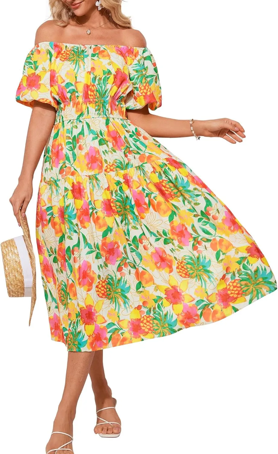 GRACE KARIN Womens 2025 Summer Dress Off Shoulder Floral Dress Puff Sleeve Smocked Boho Beach Midi Dress with Pockets