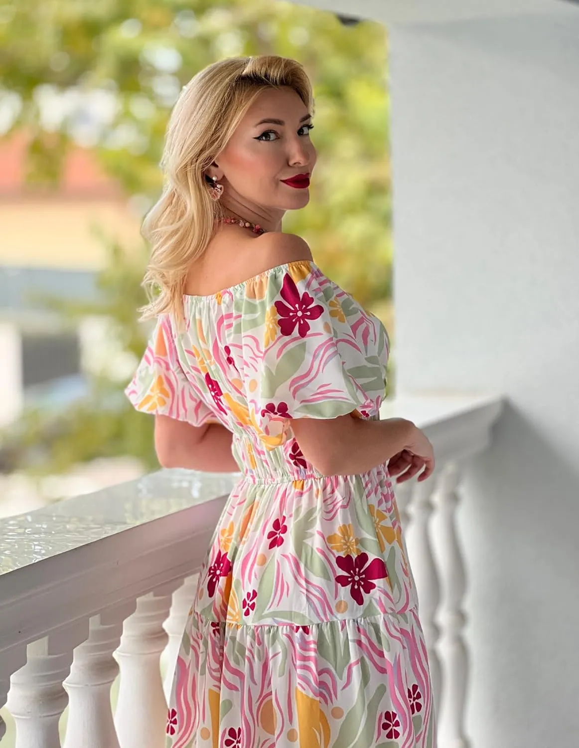 GRACE KARIN Womens 2025 Summer Dress Off Shoulder Floral Dress Puff Sleeve Smocked Boho Beach Midi Dress with Pockets