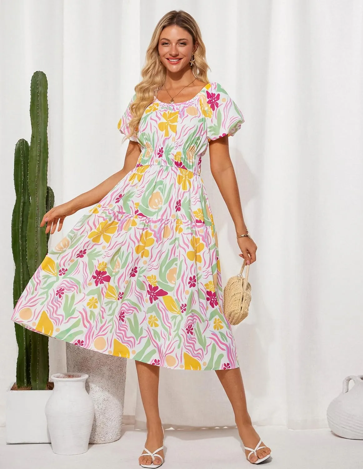 GRACE KARIN Womens 2025 Summer Dress Off Shoulder Floral Dress Puff Sleeve Smocked Boho Beach Midi Dress with Pockets