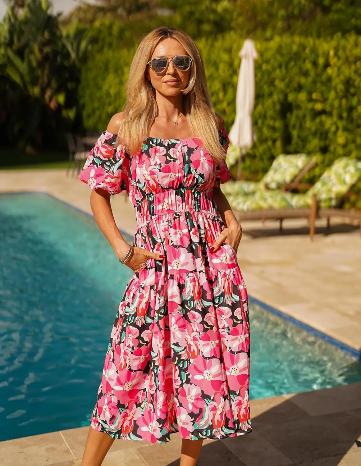 GRACE KARIN Womens 2025 Summer Dress Off Shoulder Floral Dress Puff Sleeve Smocked Boho Beach Midi Dress with Pockets