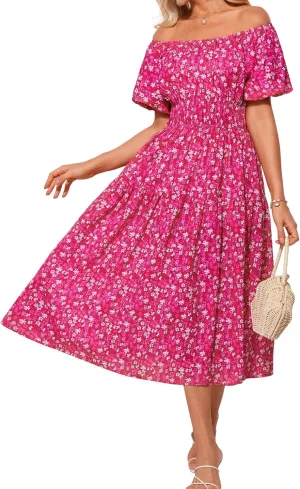 GRACE KARIN Womens 2025 Summer Dress Off Shoulder Floral Dress Puff Sleeve Smocked Boho Beach Midi Dress with Pockets