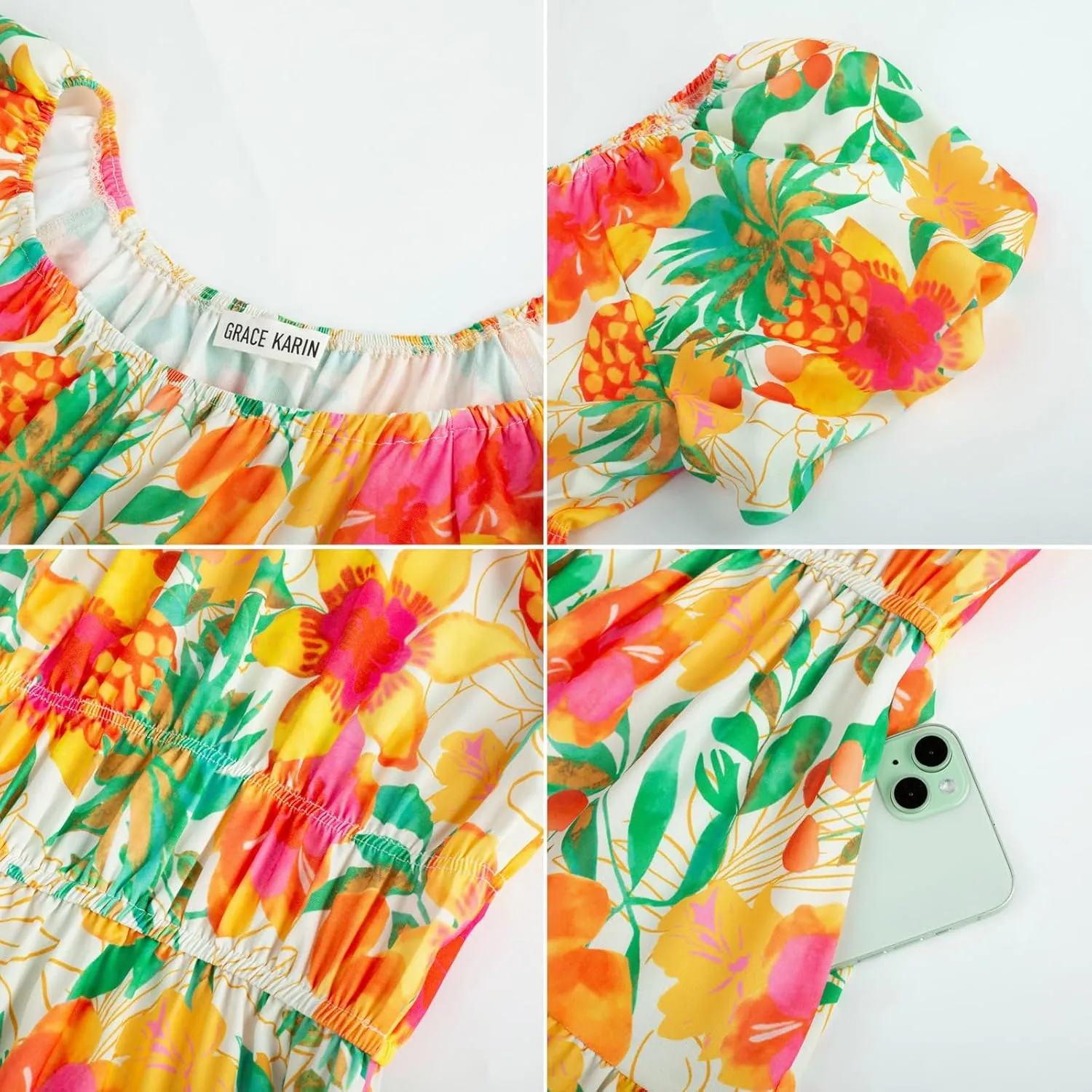 GRACE KARIN Womens 2025 Summer Dress Off Shoulder Floral Dress Puff Sleeve Smocked Boho Beach Midi Dress with Pockets