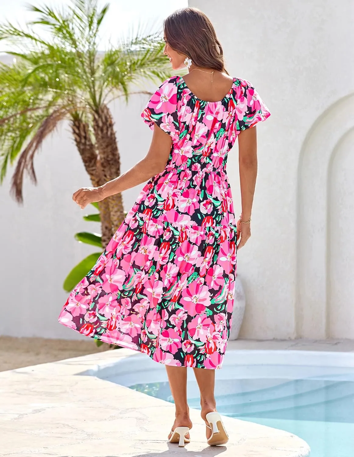 GRACE KARIN Womens 2025 Summer Dress Off Shoulder Floral Dress Puff Sleeve Smocked Boho Beach Midi Dress with Pockets