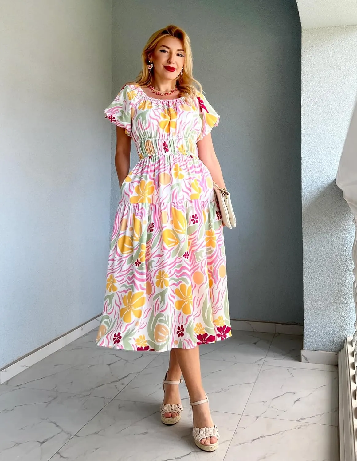 GRACE KARIN Womens 2025 Summer Dress Off Shoulder Floral Dress Puff Sleeve Smocked Boho Beach Midi Dress with Pockets