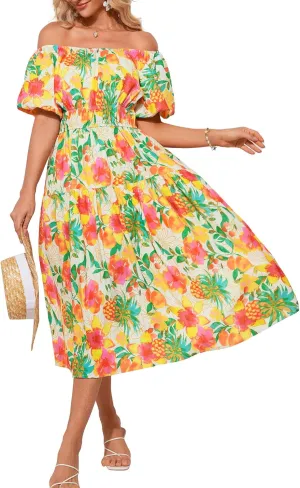 GRACE KARIN Womens 2025 Summer Dress Off Shoulder Floral Dress Puff Sleeve Smocked Boho Beach Midi Dress with Pockets