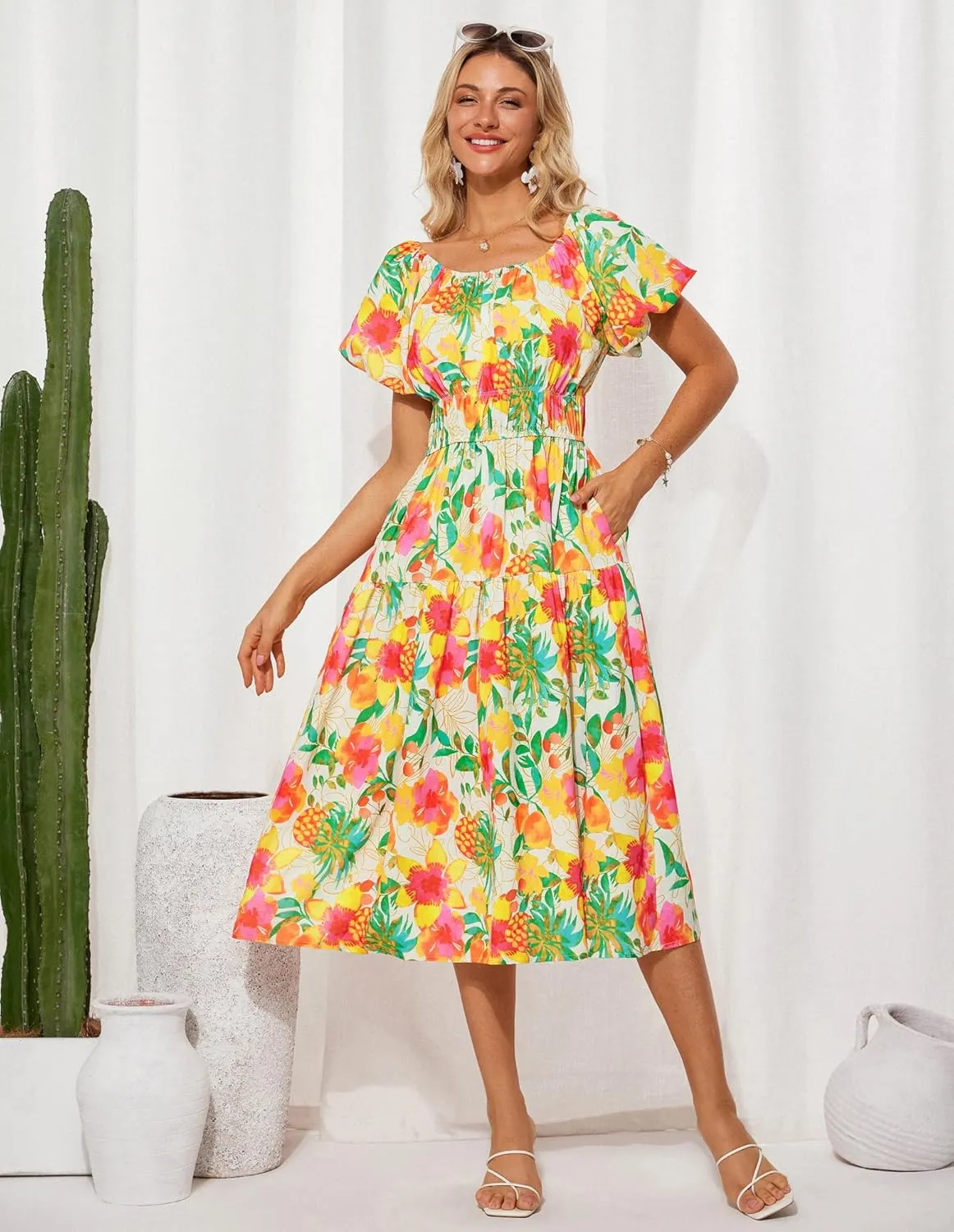 GRACE KARIN Womens 2025 Summer Dress Off Shoulder Floral Dress Puff Sleeve Smocked Boho Beach Midi Dress with Pockets