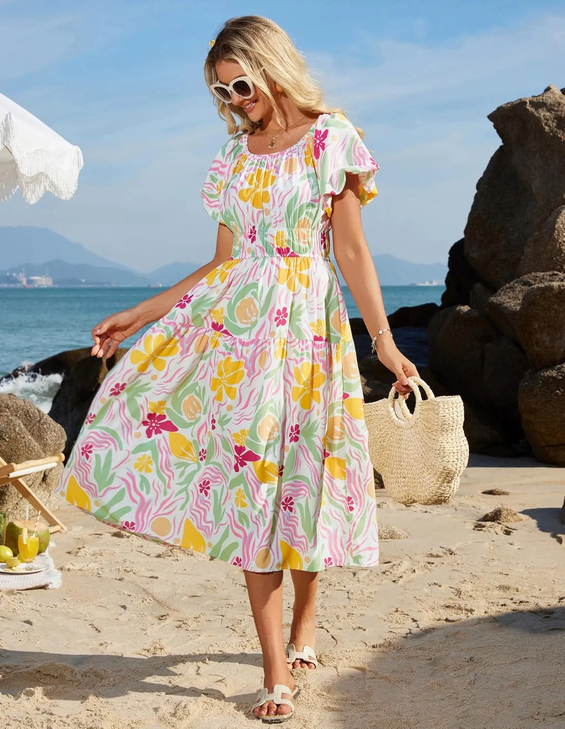 GRACE KARIN Womens 2025 Summer Dress Off Shoulder Floral Dress Puff Sleeve Smocked Boho Beach Midi Dress with Pockets