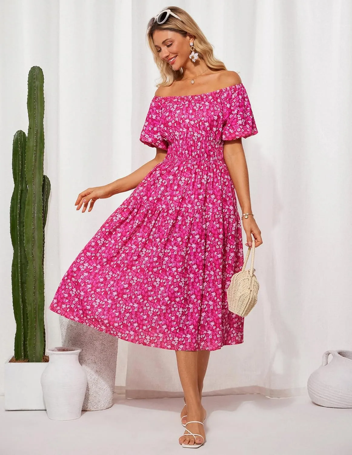 GRACE KARIN Womens 2025 Summer Dress Off Shoulder Floral Dress Puff Sleeve Smocked Boho Beach Midi Dress with Pockets