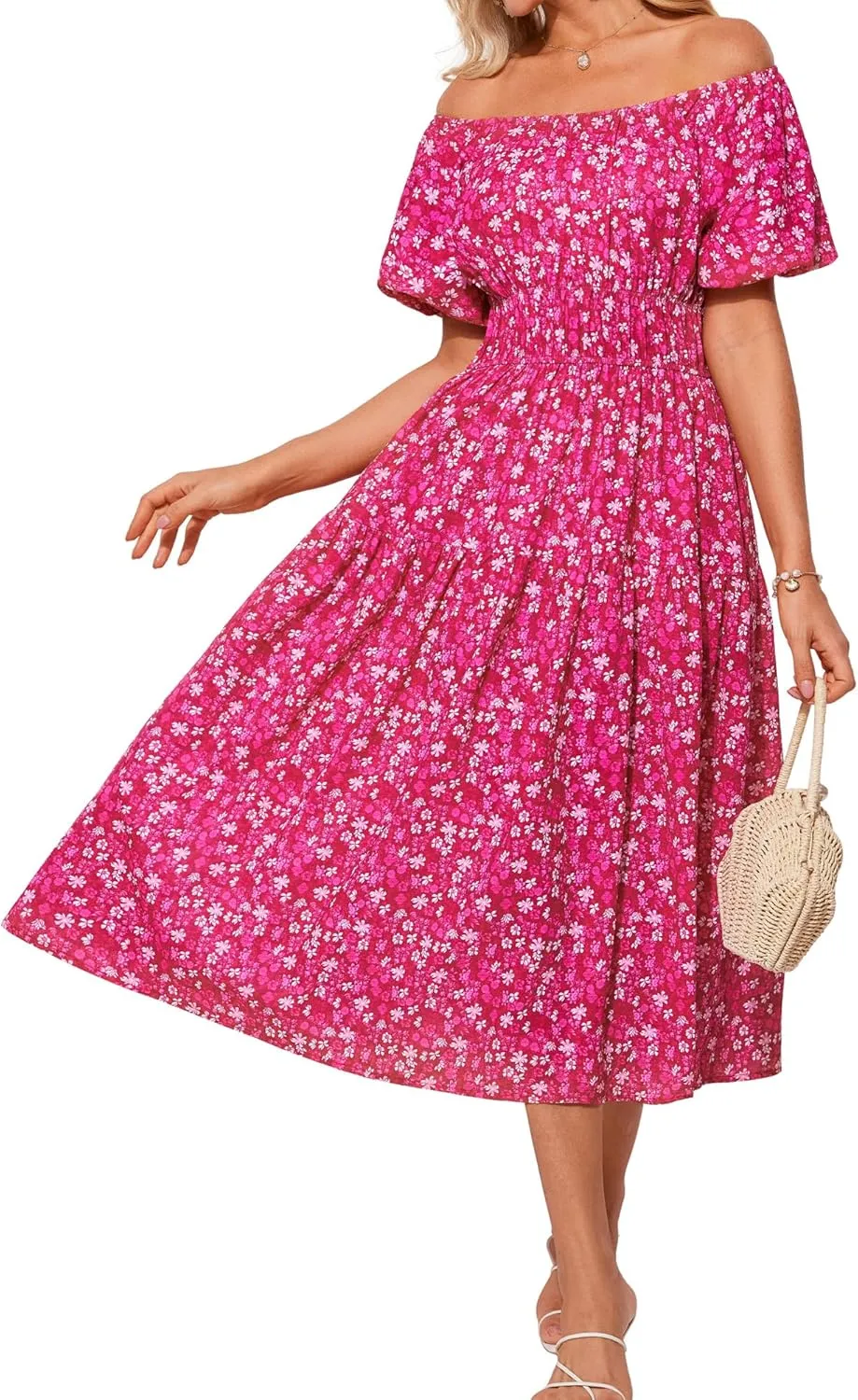 GRACE KARIN Womens 2025 Summer Dress Off Shoulder Floral Dress Puff Sleeve Smocked Boho Beach Midi Dress with Pockets