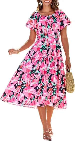 GRACE KARIN Womens 2025 Summer Dress Off Shoulder Floral Dress Puff Sleeve Smocked Boho Beach Midi Dress with Pockets