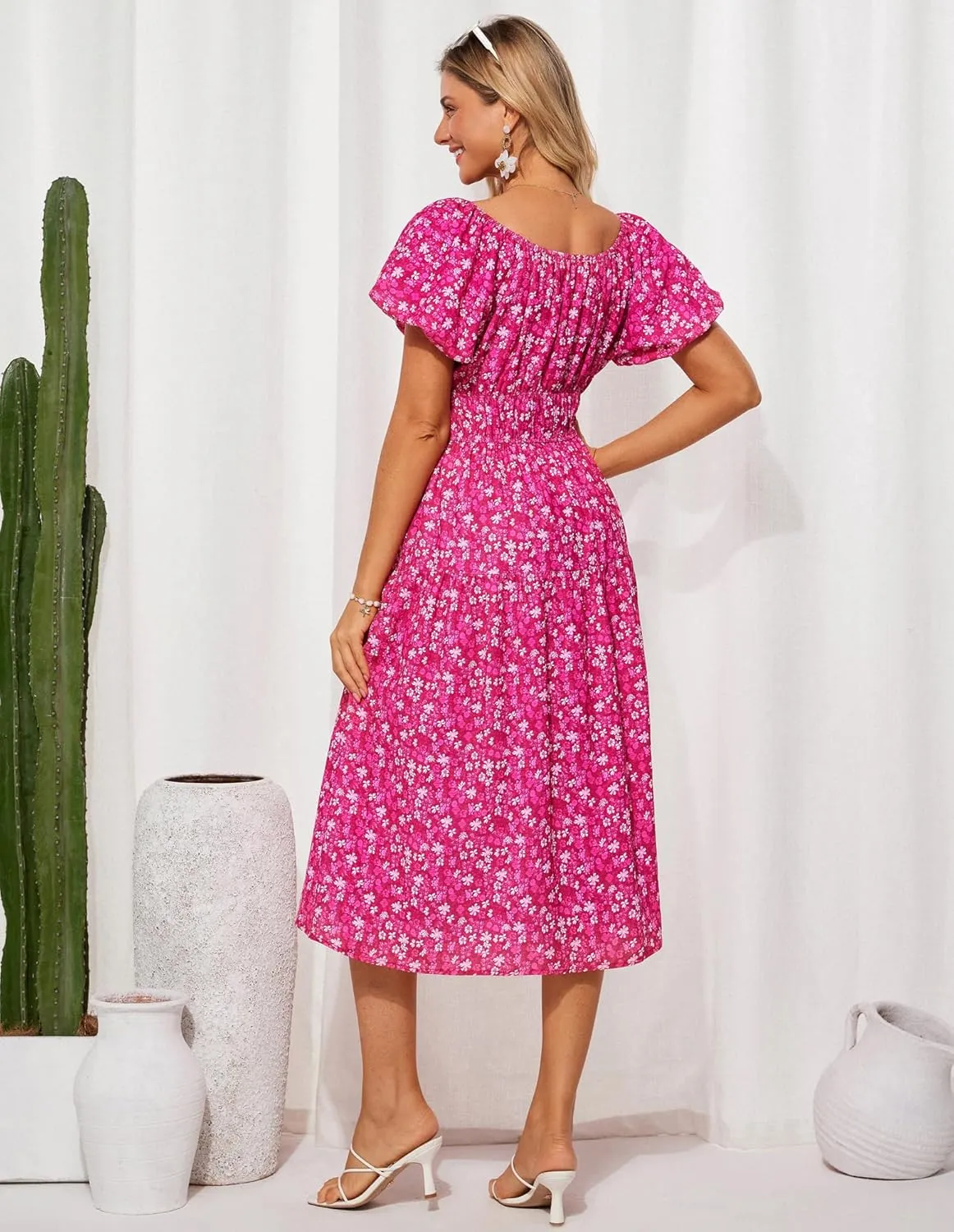 GRACE KARIN Womens 2025 Summer Dress Off Shoulder Floral Dress Puff Sleeve Smocked Boho Beach Midi Dress with Pockets