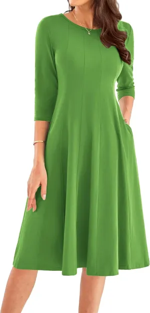 GRACE KARIN Womens 2025 Trendy Dresses Crew Neck 3/4 Sleeve A Line Loose Casual Midi Dress with Pockets