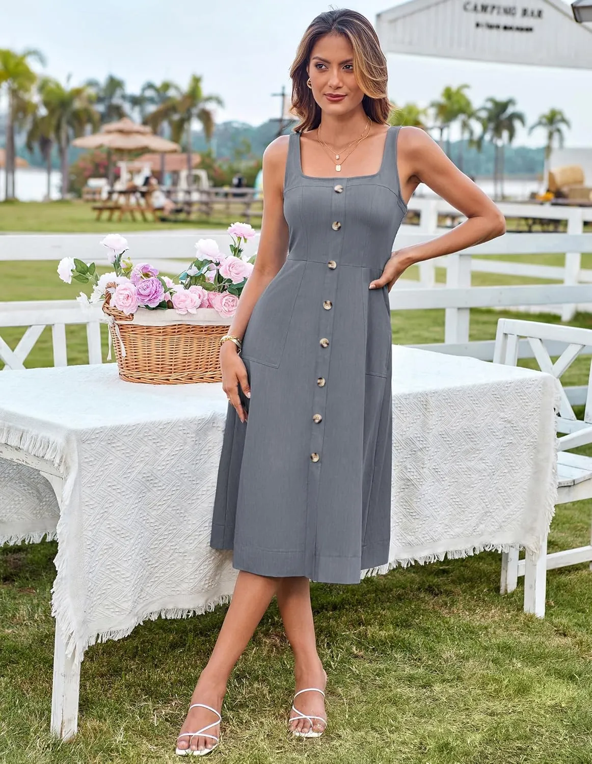GRACE KARIN Women's Summer Dress 2025 Casual Square Neck Flattering A-Line Button Down Midi Tank Sundress with Pockets