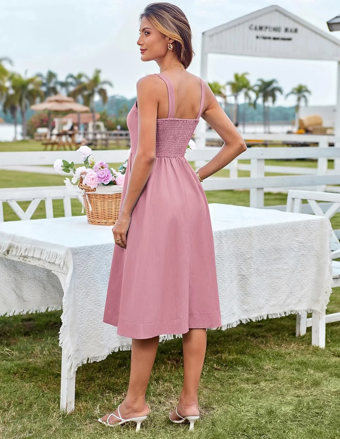 GRACE KARIN Women's Summer Dress 2025 Casual Square Neck Flattering A-Line Button Down Midi Tank Sundress with Pockets