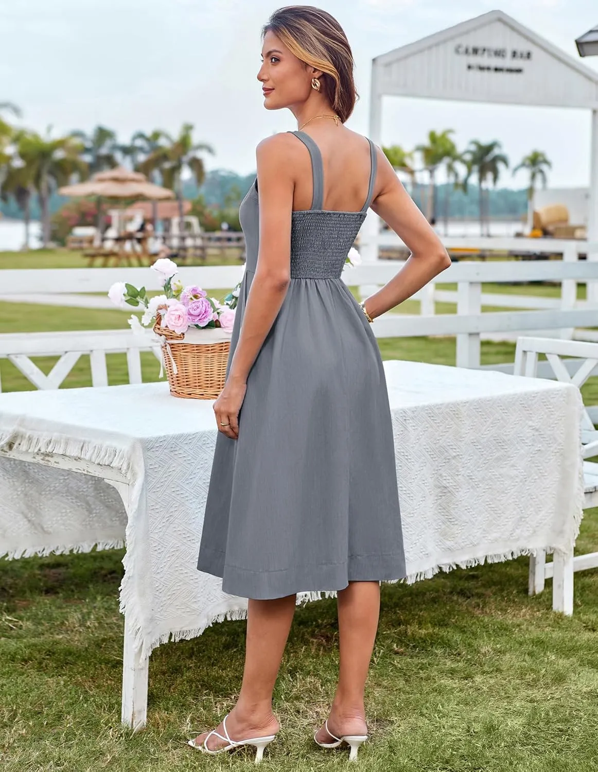 GRACE KARIN Women's Summer Dress 2025 Casual Square Neck Flattering A-Line Button Down Midi Tank Sundress with Pockets